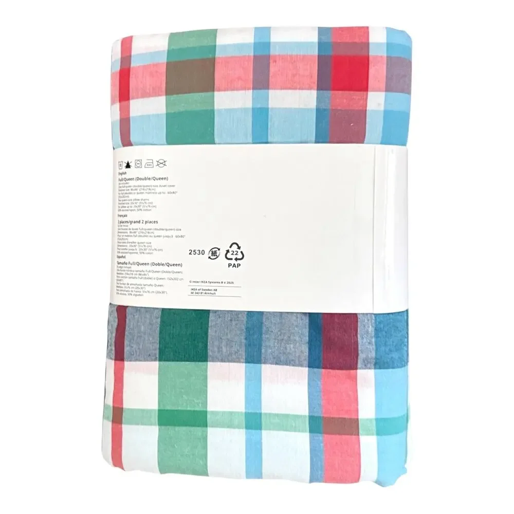 IKEA HOSTGENTIANA Multicolor/Check Full Queen Duvet Cover & Pillowcases